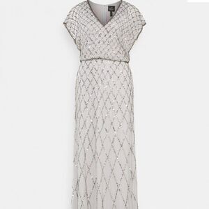 Adrianna Papell sequin lattice dress with flutter sleeves in Bridal Silver-NWT